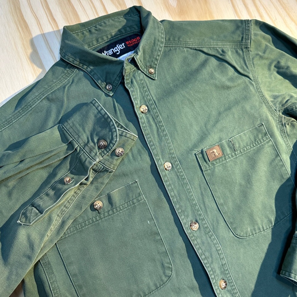 Wrangler Riggs Workwear Mens Green Cotton Twill Button Down Shirt XL